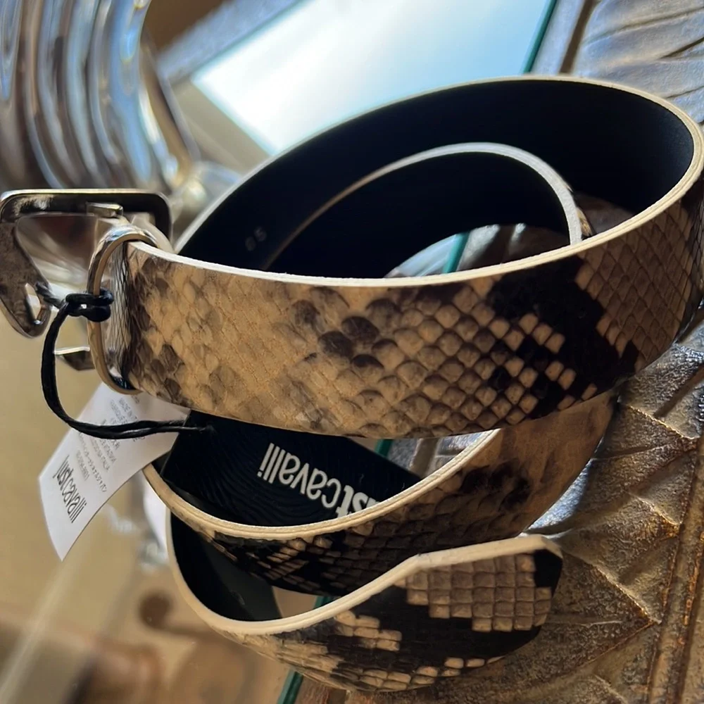 Rare Just Roberto Cavalli Snakeskin Print Leather Metal Snakehead Belt Buckle!